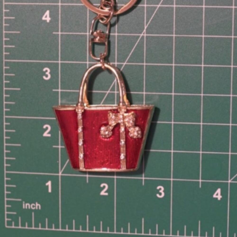 Gold & Red Sculptural Handbag Charm Keyring w/ Bow & Rhinestone Mobwife NWT - Picture 2 of 7